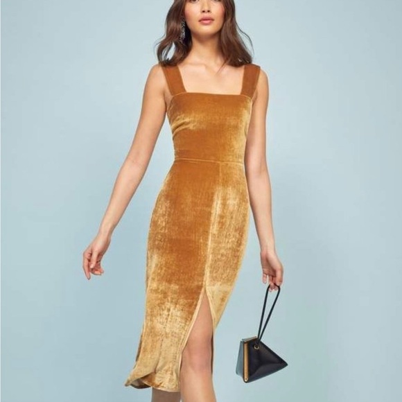 Reformation Dresses & Skirts - Reformation Emira Gold Silk Blend Velvet Square
Neck Front Slit Midi Dress 2